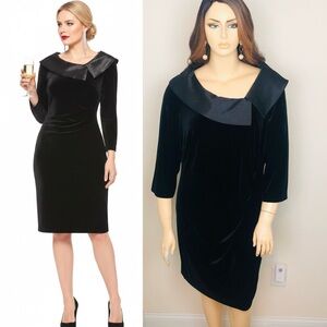 Jessica Howard Velvet Satin Collar Solid Black Cocktail Formal Evening Dress 18W